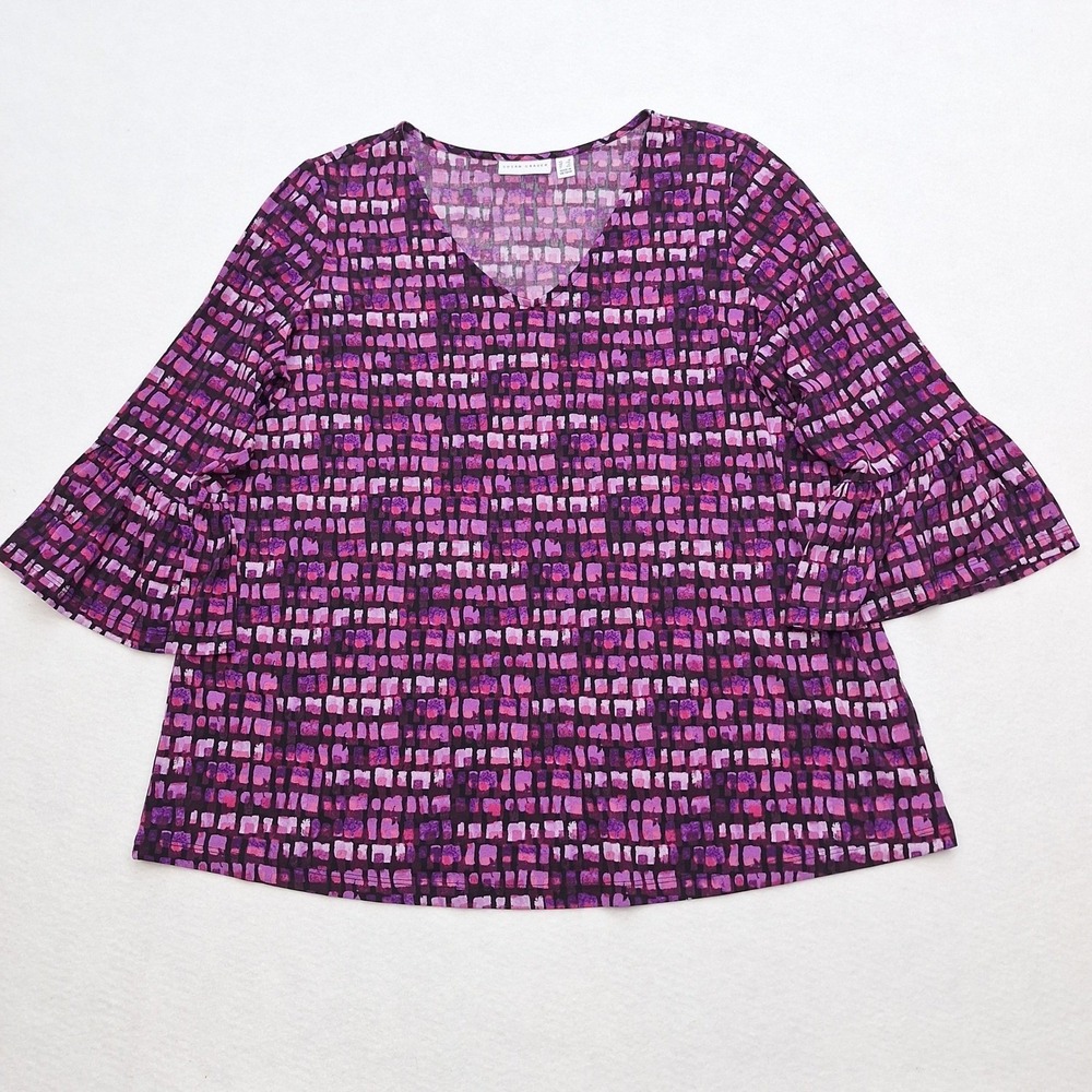 Susan Graver Blouse Womens 1X Purple Geometric Ruffle Bell Sleeve Liquid Knit